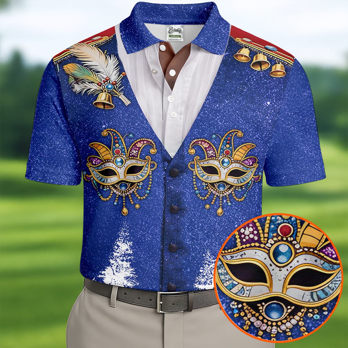 Masquerade Mask Feather Mardi Gras Glitter Print Blue Golf Shirt, Polo ShirtFor Men, Golf Shirts For Men