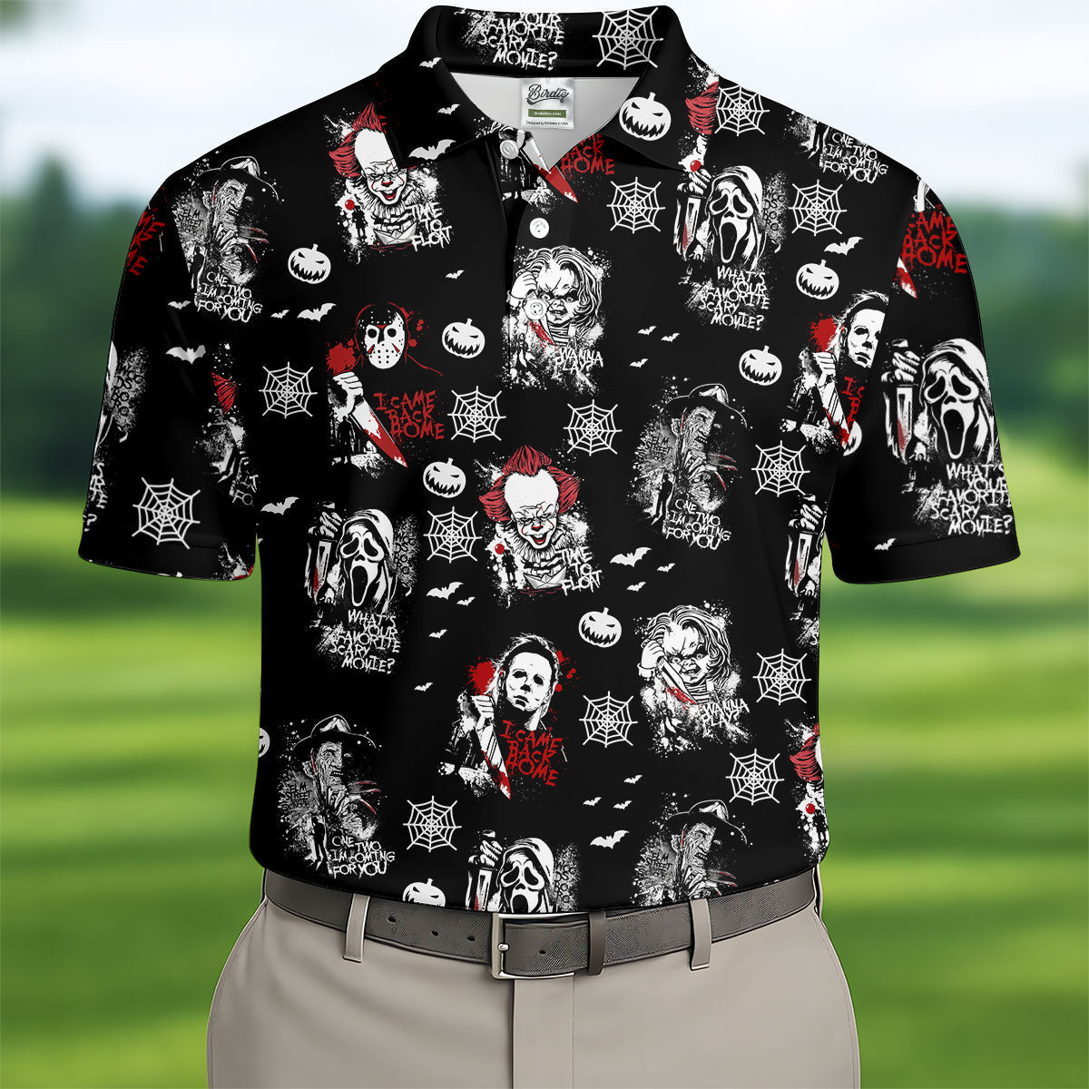 Funny Horror Character Men's Golf Polo ShirtScary Movie Shirt, Fun Golf Polo ShirtHalloween Gift