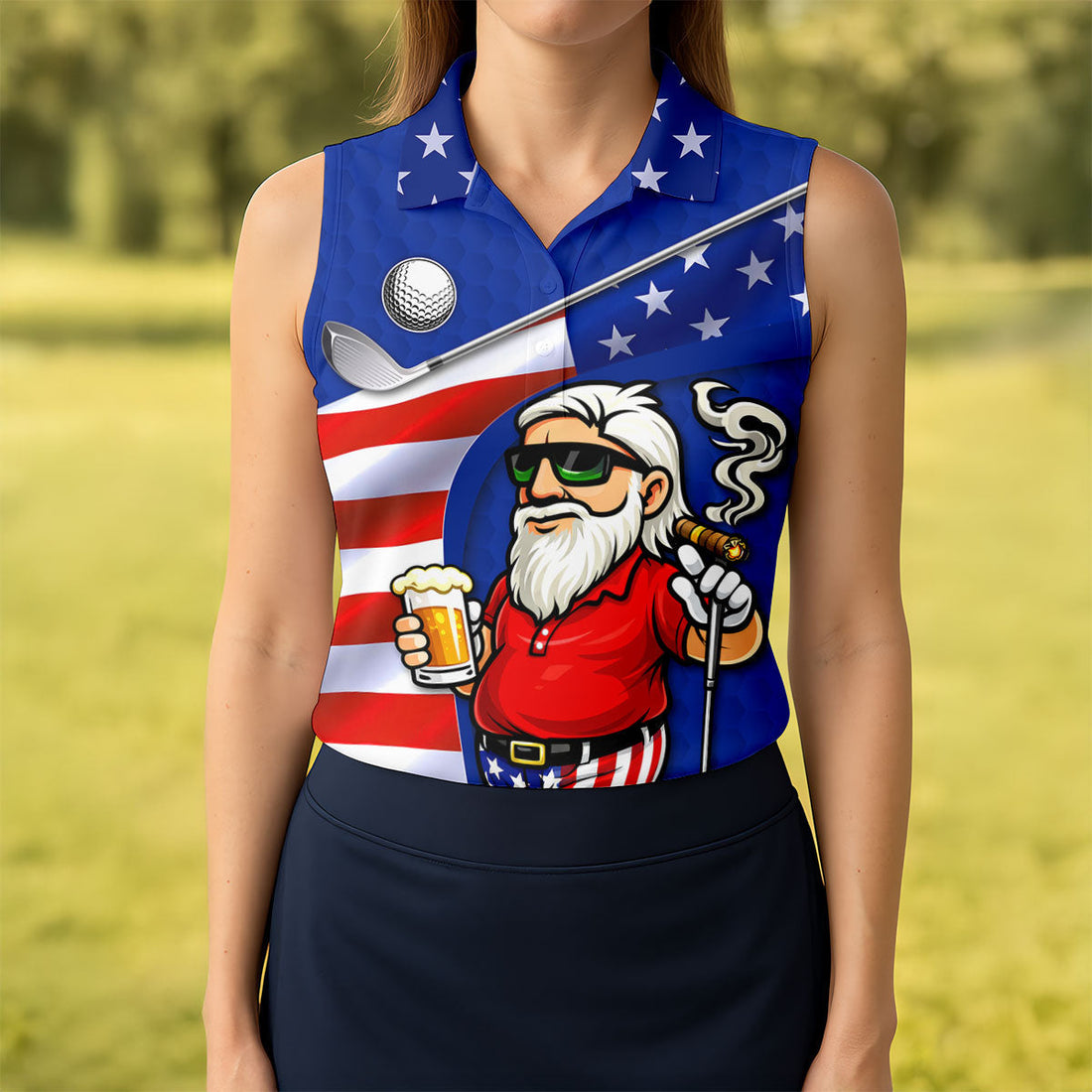 Golf And Beer Patriotic Man Golf Ball Pattern 4th Of July Navy Golf Shirt, 250th Anniversary Women's Golf Tops