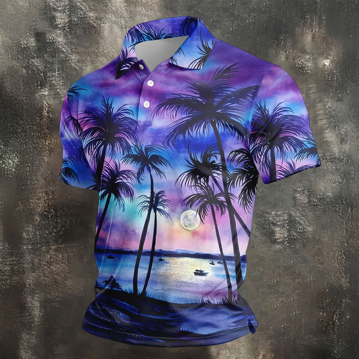 Moonlit Tropical Beach Palm Tree Design Hawaiian Golf Shirt, Golf Shirts For Men, Polo Shirts For Men
