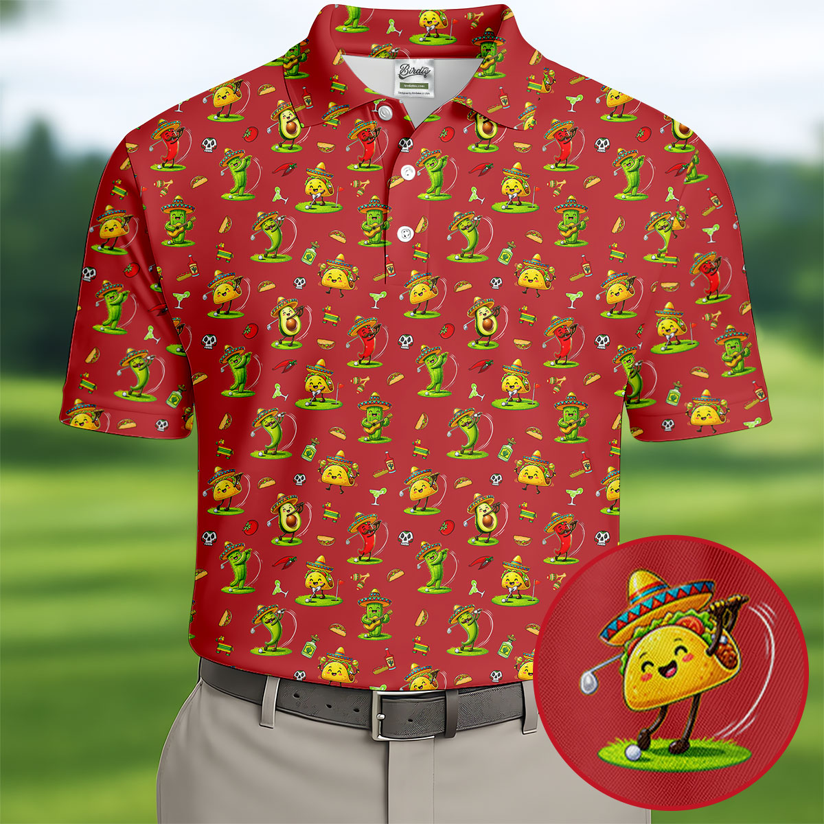 Mexican Cartoon Food Characters Cinco De Mayo Celebration Fiesta Themed Red Golf Shirts For Men