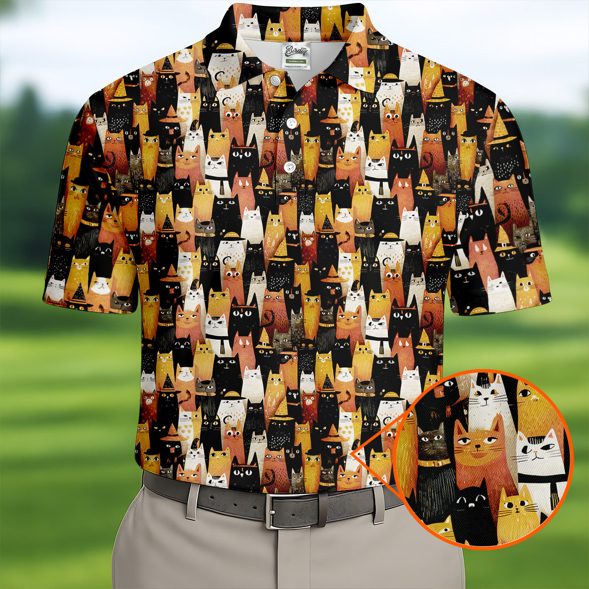Orange Black Halloween Cat Fun Golf Shirts For Men, Cute Golf Outfit, Polo ShirtFor Men
