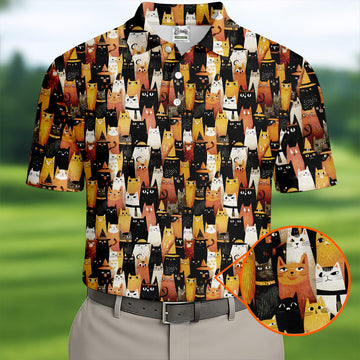 Orange Black Halloween Cat Fun Golf Shirts For Men, Cute Golf Outfit, Polo ShirtFor Men