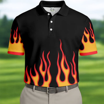 Black Red Yellow Flame Sleeve Golf Shirt, Hawaiian Golf Shirt, Mens Golf Shirts