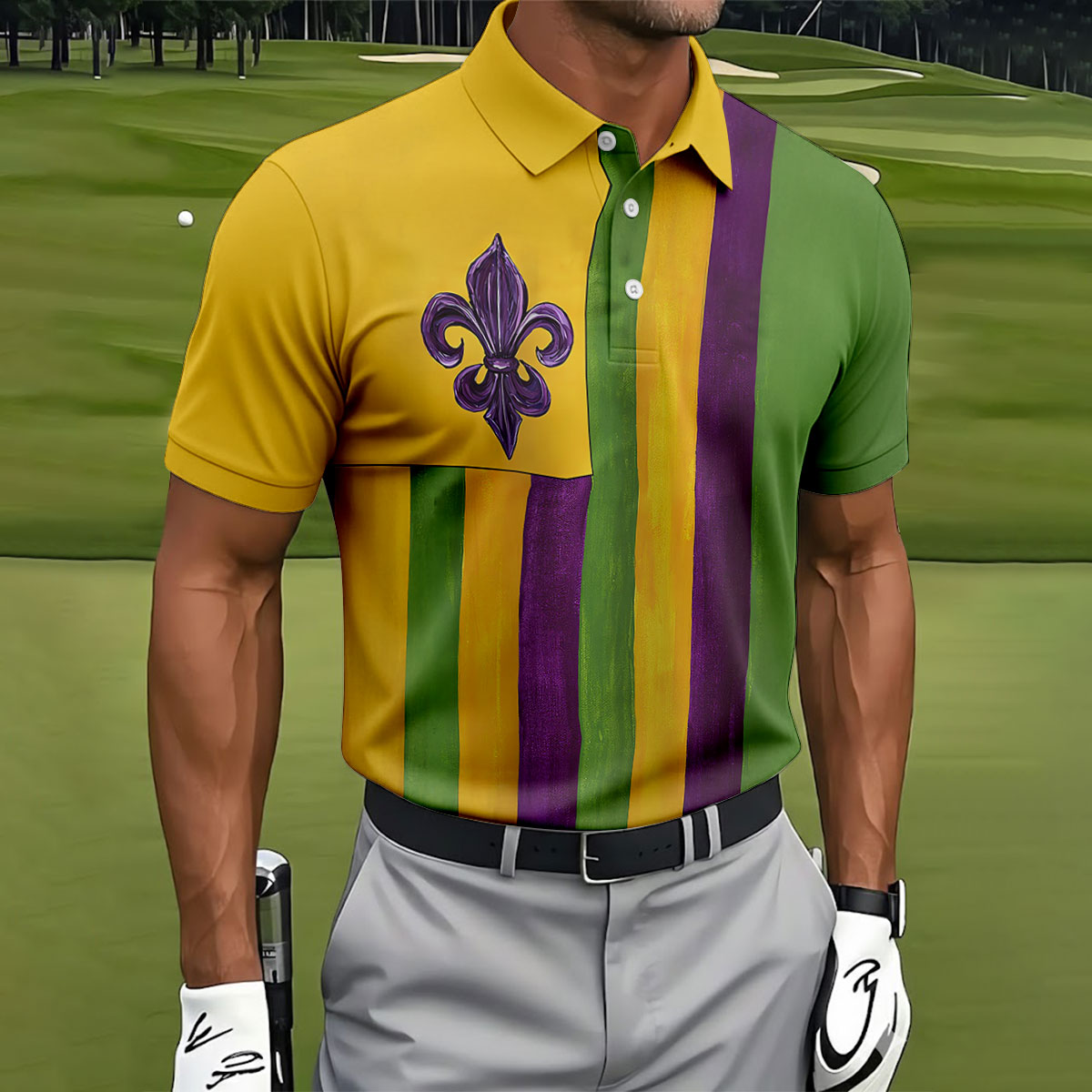 Purple Green Gold Vertical Stripes Fleur De Lis Flower Mardi Gras Golf Shirt, Polo ShirtFor Men, Golf Shirts For Men