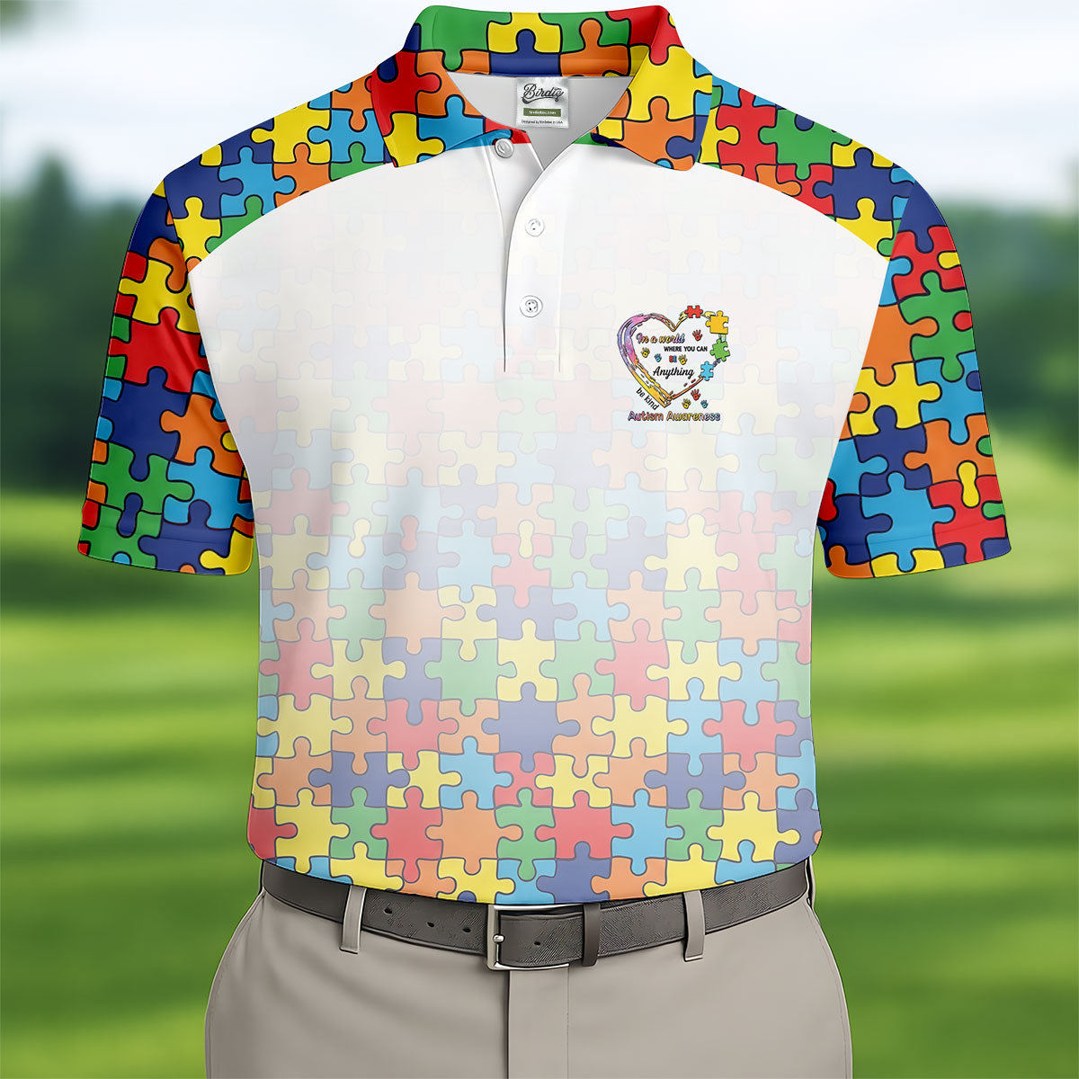 In A World Where You Can Be Anything Be Kind Autism Awareness Puzzle Pattern White Fade Golf Shirts For Men
