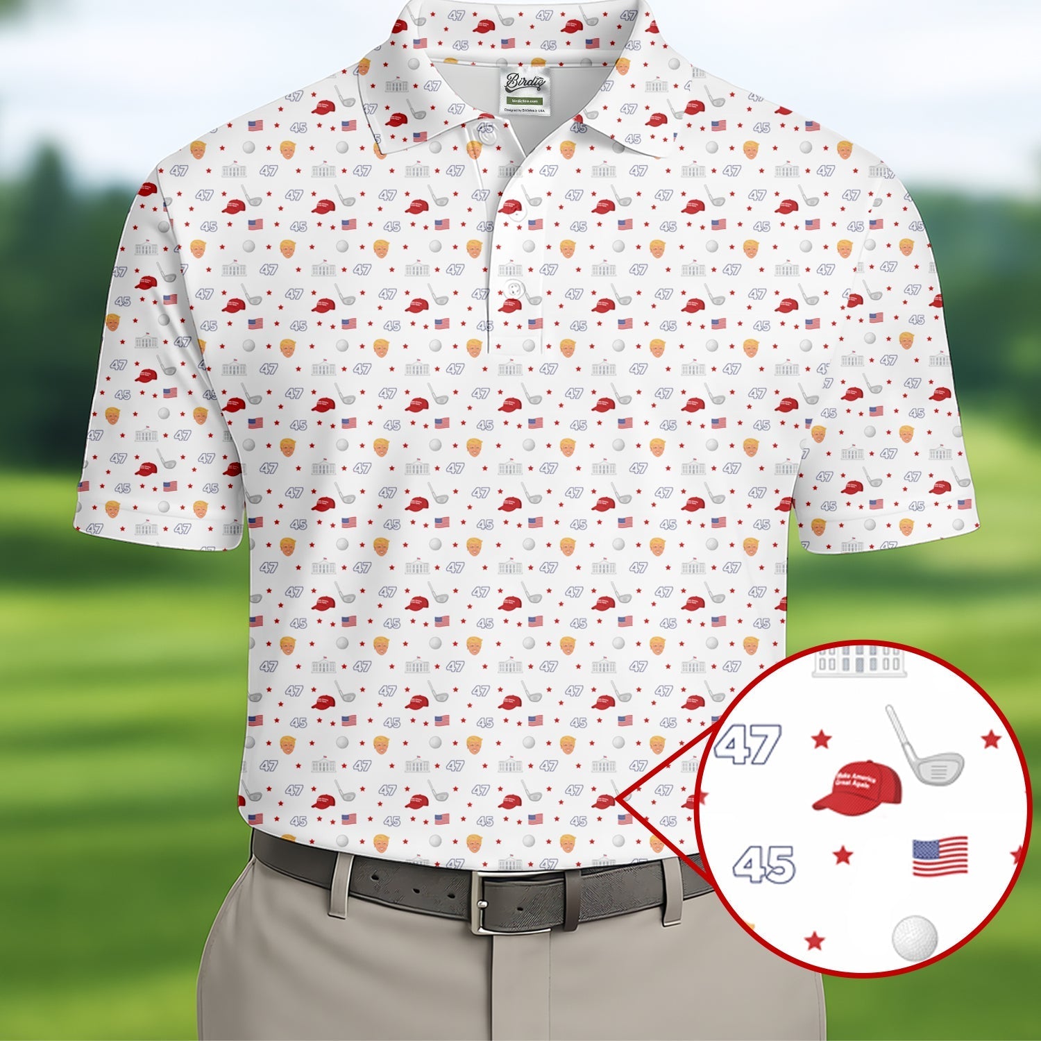 45 47 US Flag Pattern White Golf Shirt, Funny Golf Shirt, Golf Shirts For Men, Golf Gift For Men