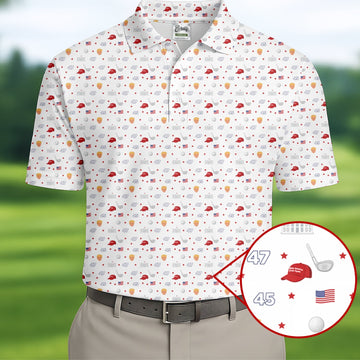 45 47 US Flag Pattern White Golf Shirt, Funny Golf Shirt, Golf Shirts For Men, Golf Gift For Men
