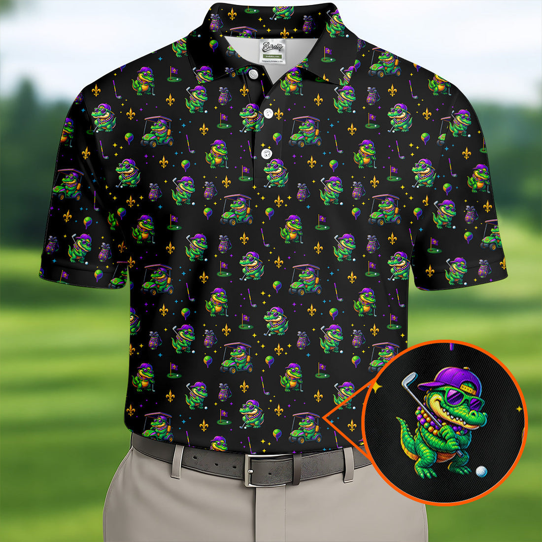 Funny Crocodile Mardi Gras Golf Shirts, Black Golf Shirt, Golf Gift For Men, Golf Shirts For Men