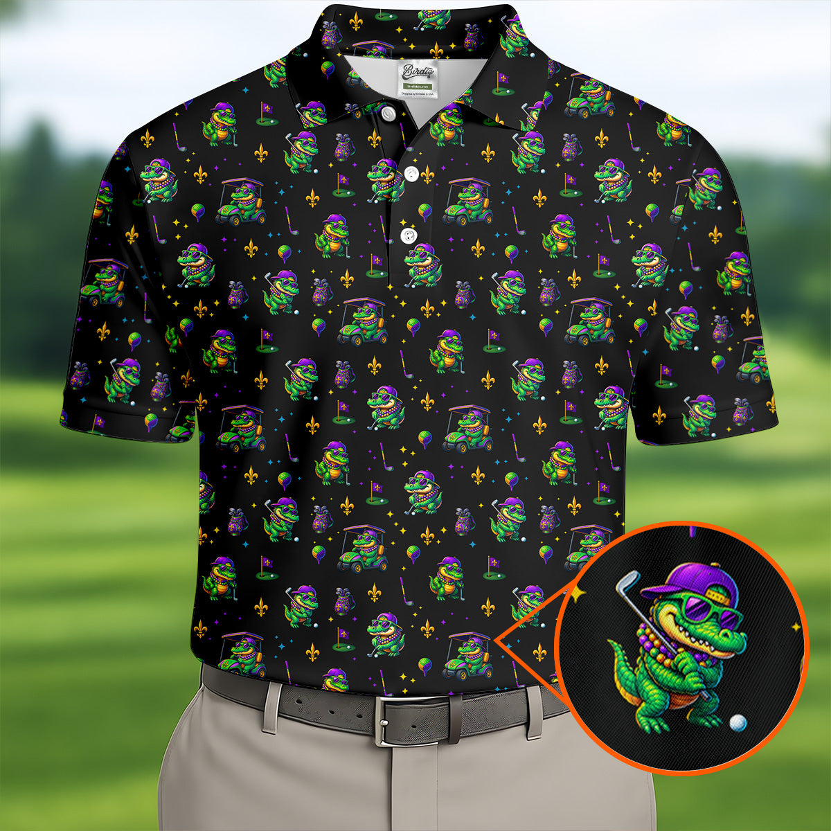 Funny Crocodile Mardi Gras Golf Shirts, Black Golf Shirt, Golf Gift For Men, Golf Shirts For Men