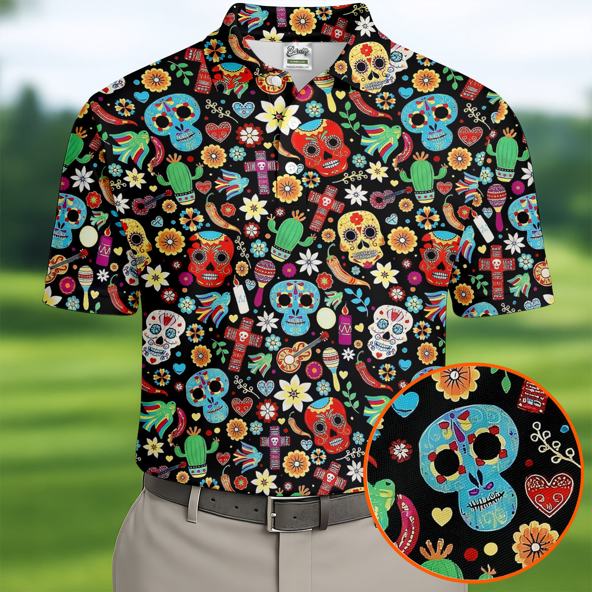 Skull With Flowers Cinco De Mayo Celebration Fiesta Themed Golf Tops For Men, Golf Shirts For Men