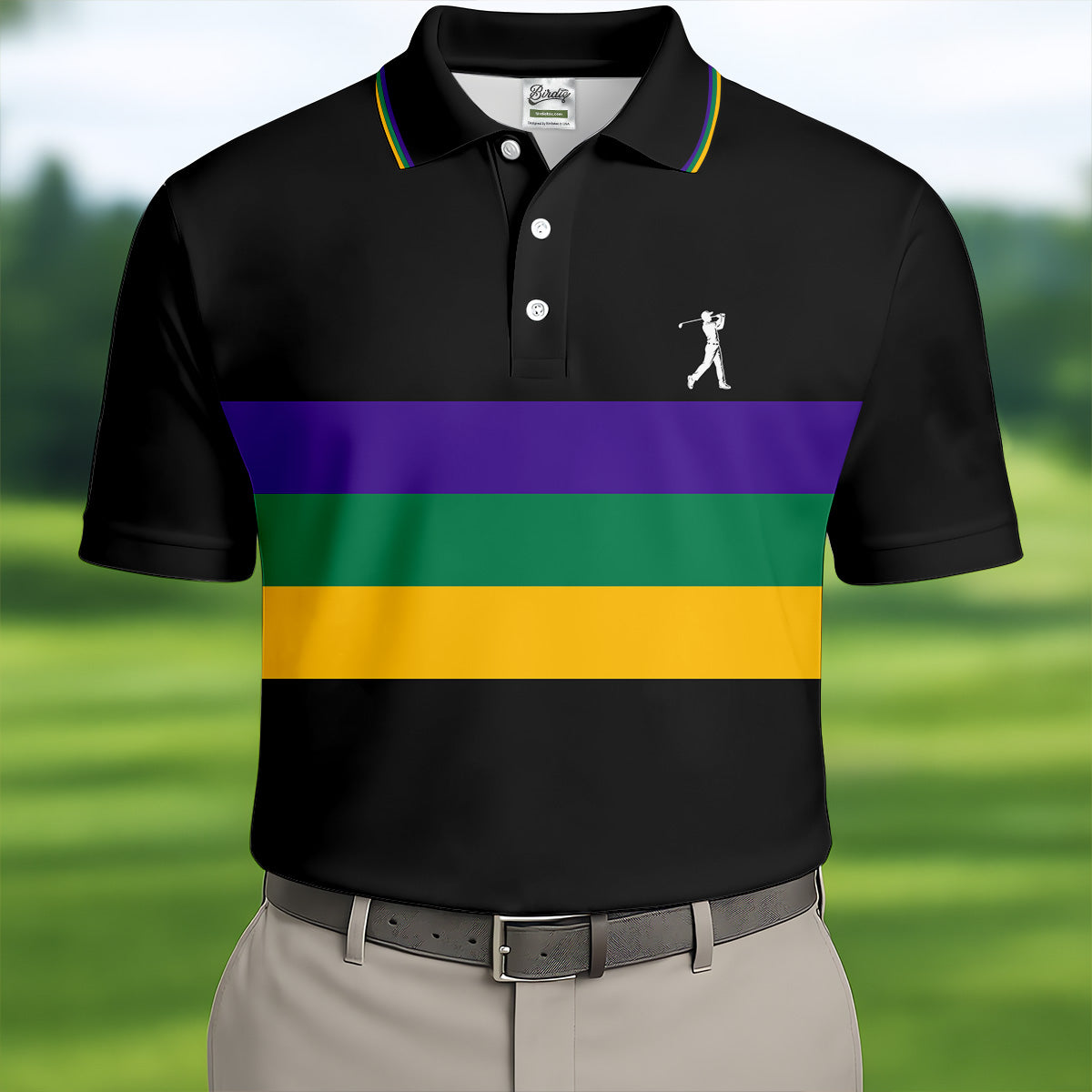 Mardi Gras Purple Green Gold Horizontal Stripes Black Golf Shirt, Golf Tops For Men, Polo ShirtFor Men