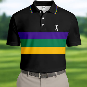 Mardi Gras Purple Green Gold Horizontal Stripes Black Golf Shirt, Golf Tops For Men, Polo ShirtFor Men