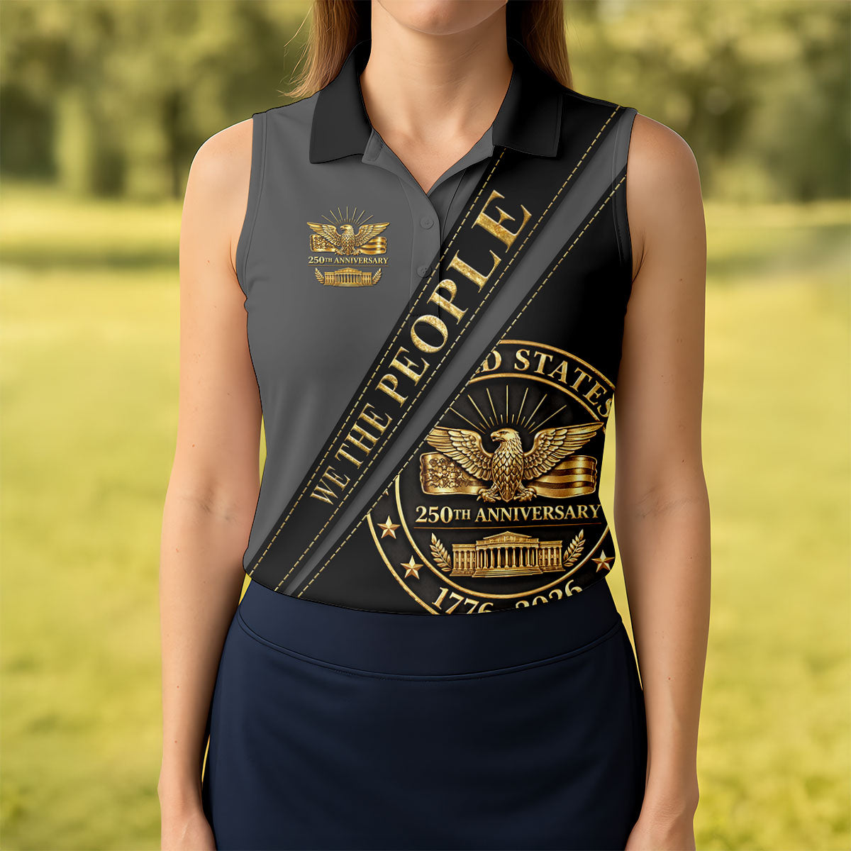 We The People 250th Anniversary Black And Gold Ladies Golf Tops, Patriotic 4th Of July Golf Shirt For Women