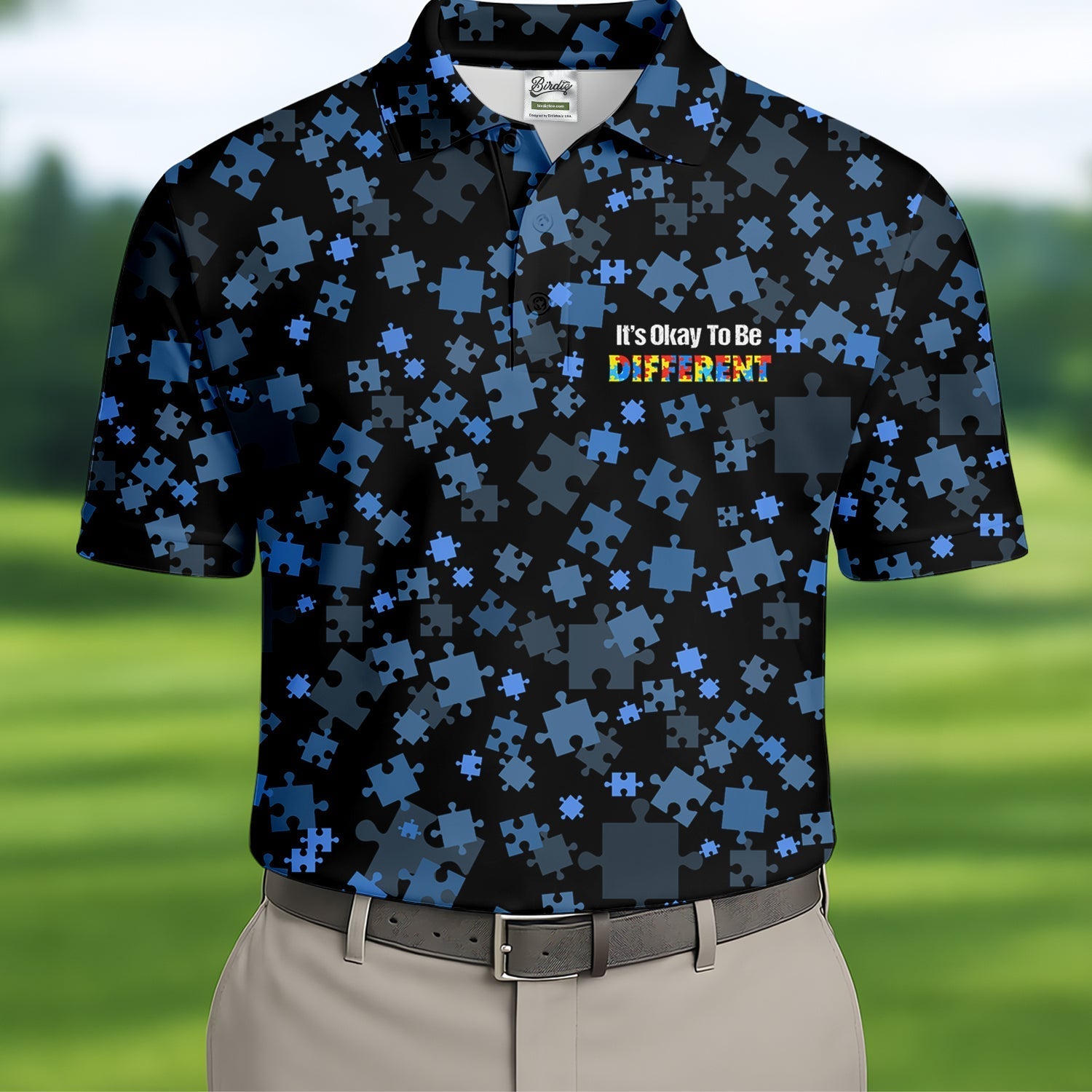 It's Okay To Be Different Autism Awareness Black And Blue Puzzle Pattern Golf Tops For Men, Polo ShirtFor Men