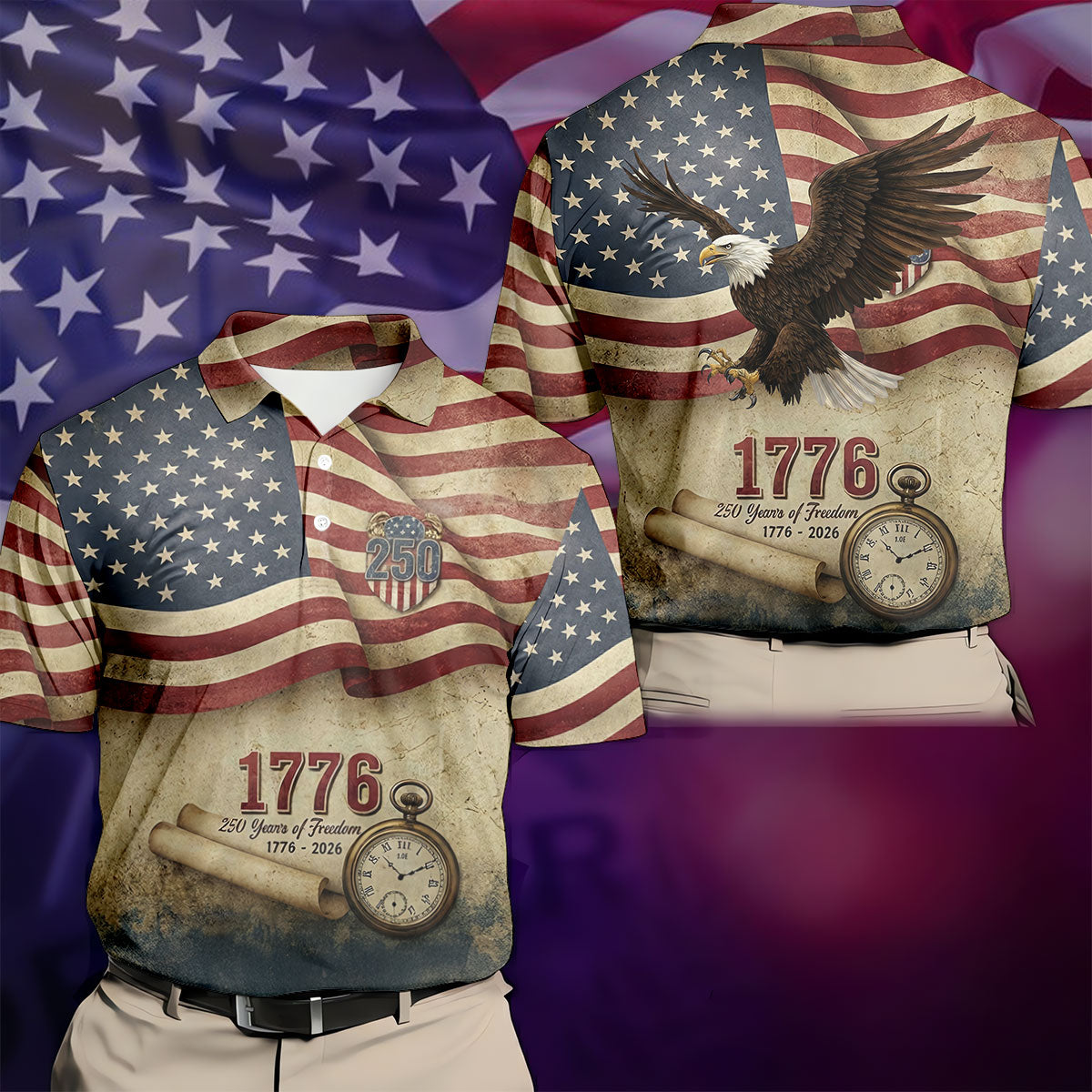 250 Years Of Freedom Vintage Golf Shirt, 4th Of July Patriotic Golf Shirts For Men