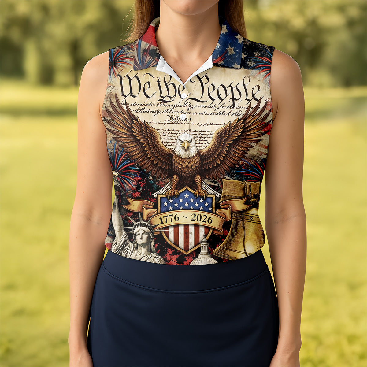 We The People Semiquincentennial Proud America 4th Of July Women Golf Top, 250th Anniversary Patriotic Golf Shirt