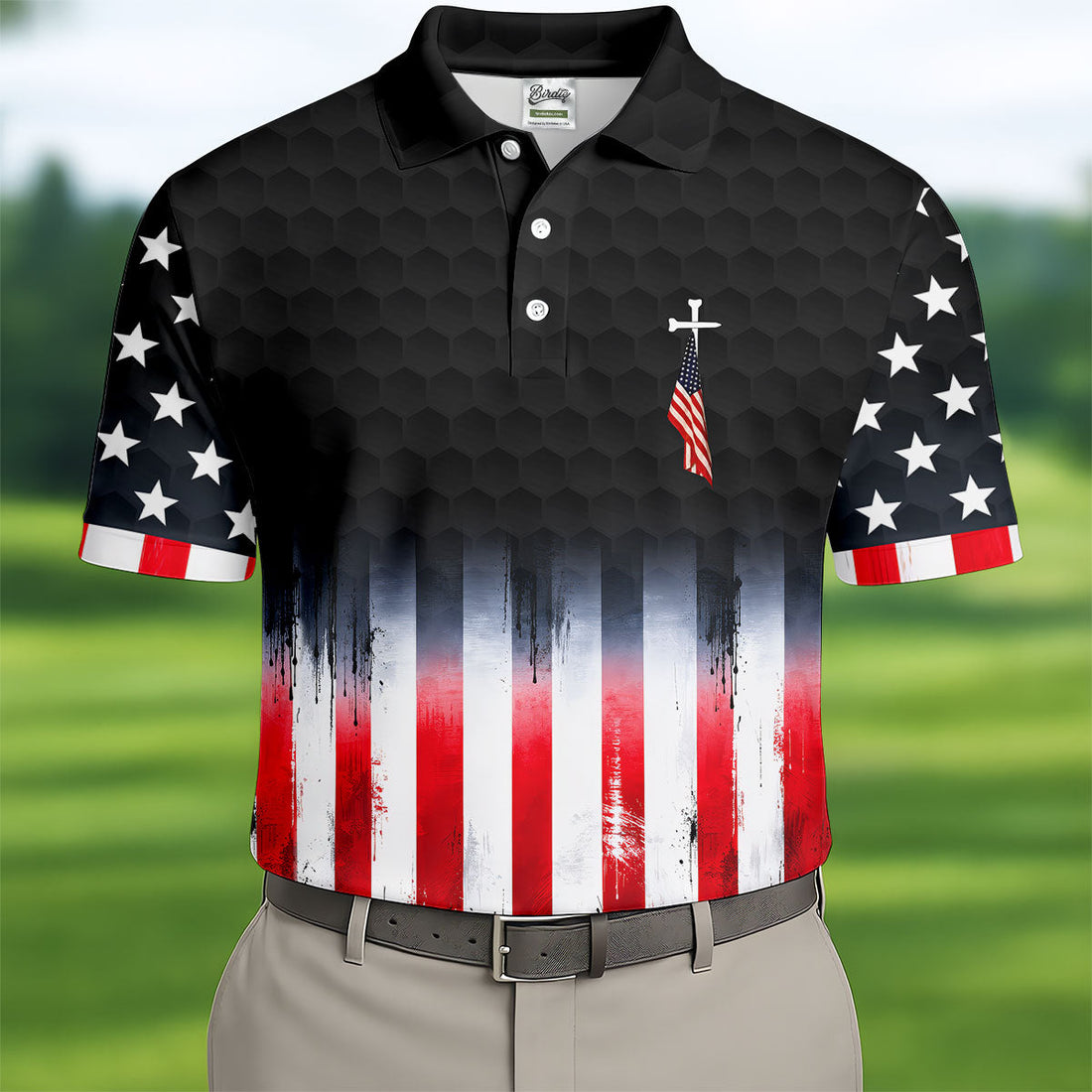 Faith Cross American Flag Patriotic Golf Ball Pattern 4th Of July Golf Shirt, 250th Anniversary Golf Shirts For Men