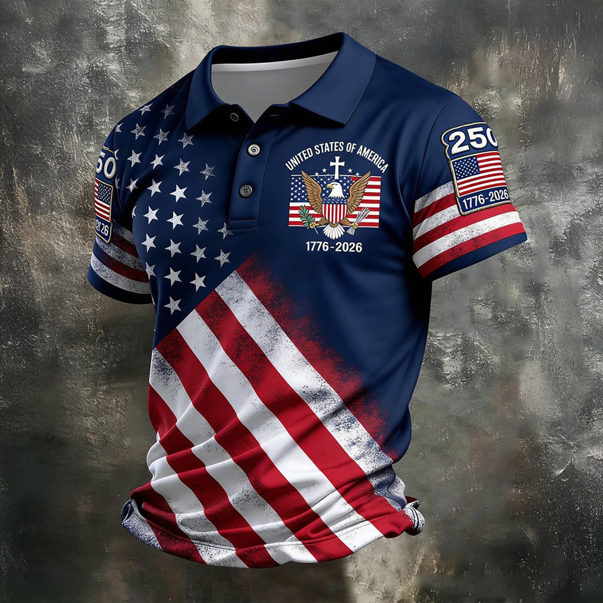 US Bald Eagle Distressed Flag 250 Faith Cross Golf Tops For Men, Patriotic 4th Of July Golf Shirts For Men
