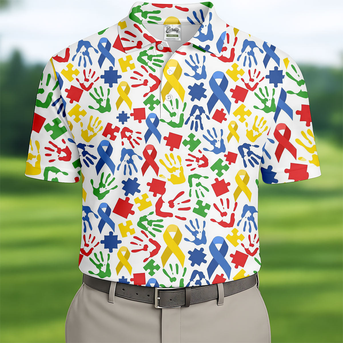 Autism Ribbon Colorful Puzzle Pieces Handprints Golf Tops For Men, Polo ShirtFor Men, Golf Shirts For Men