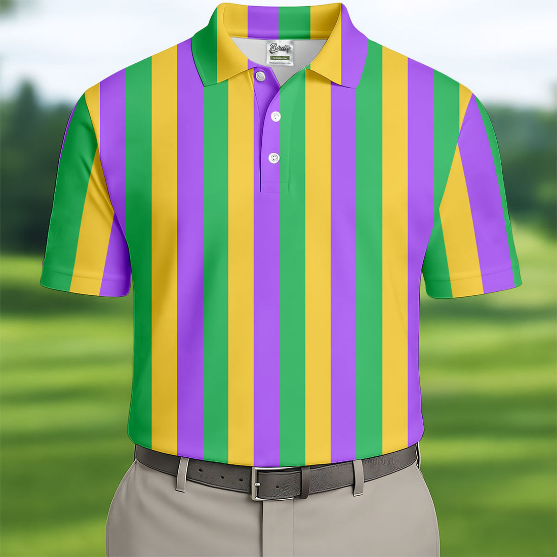 Green Gold Purple Vertical Stripe Mardi Gras Golf Shirt, Polo ShirtFor Men, Golf Shirts For Men