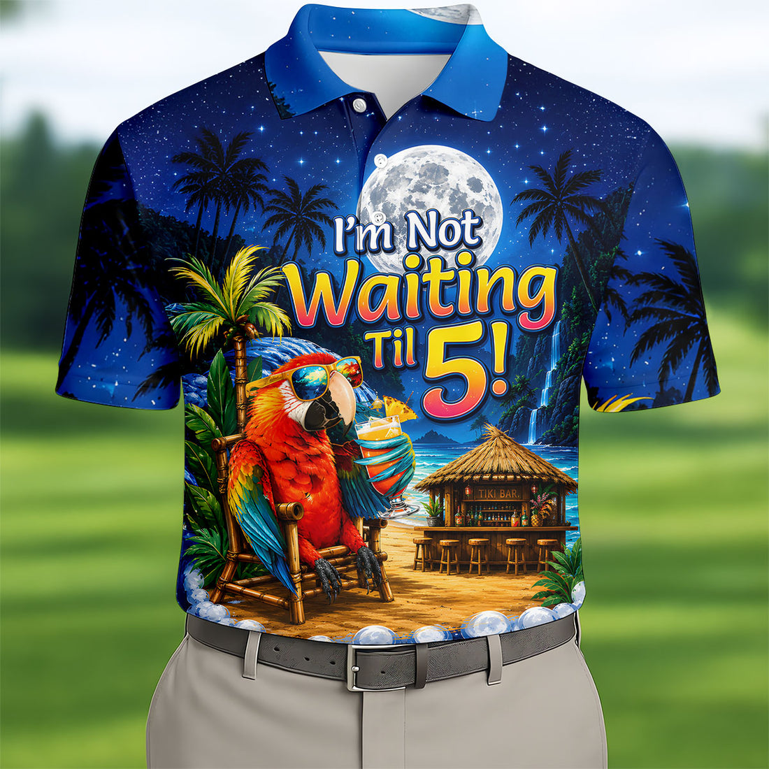 Parrot Drinking Cocktail Tiki Bar Not Waiting Til 5 Golf Shirt, Golf Shirts For Men, Hawaiian Golf Shirt, Mens Golf Apparel
