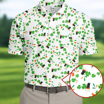 Dark Stout Beer St Patrick's Day Shamrocks White Golf Shirt, Polo ShirtFor Men, Golf Shirts For Men