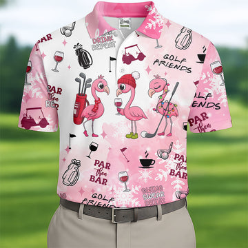 Golf Friends Par Then Bar Flamingo Christmas Golf Shirt, Golf Tops For Men, Pink Golf Polo, Golf Gift For Men