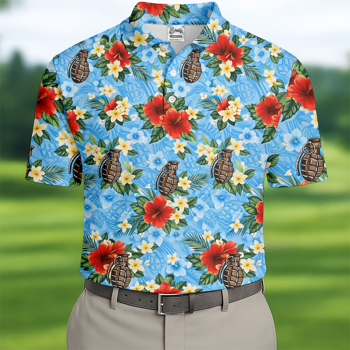 Floral Pattern Army Theme Hawaiian Blue Golf Shirt, Men's Golf Polo ShirtShirts For Men