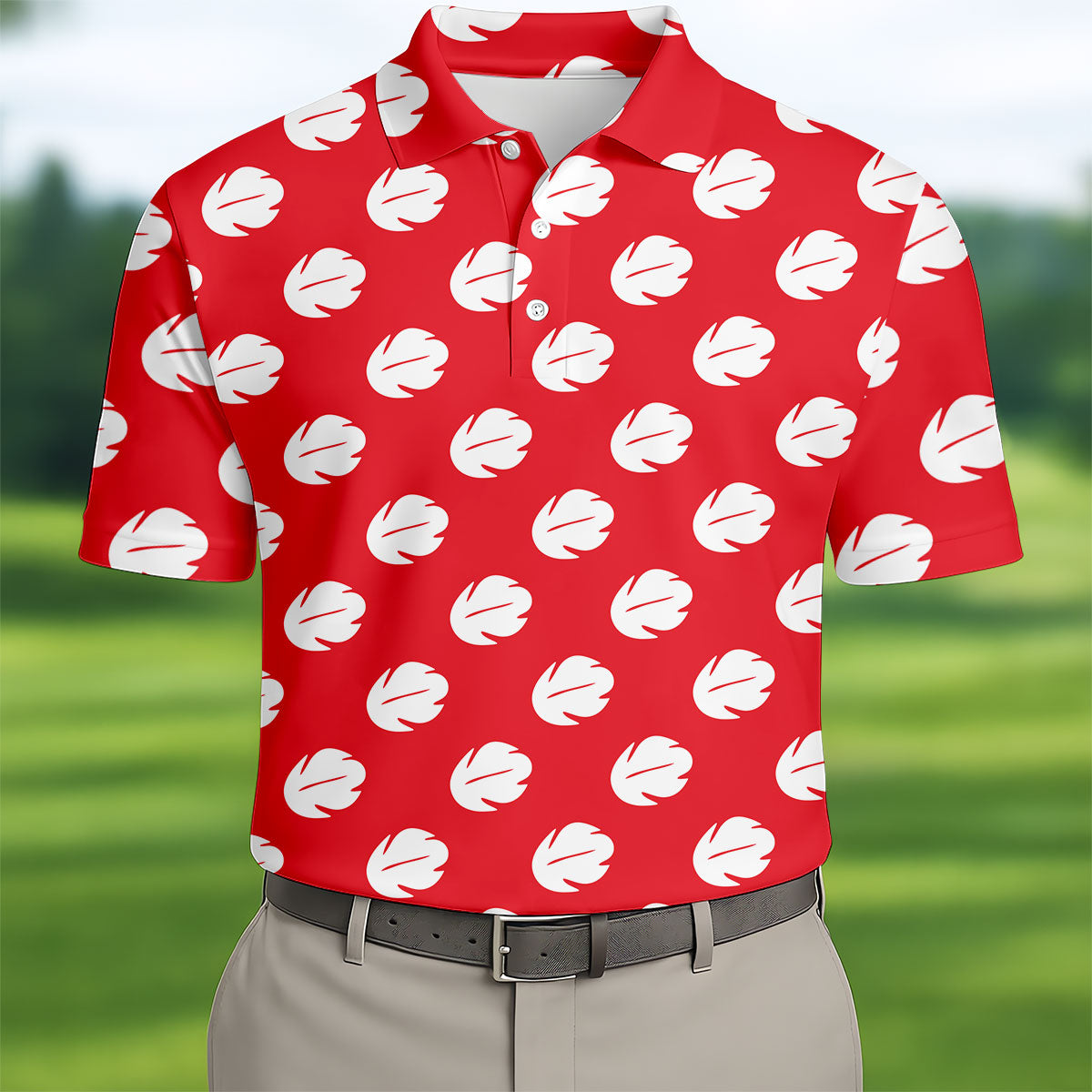 Red Tropical Leaf Hawaiian Golf Shirt, Mens Golf Polo, Golf Shirts For Men