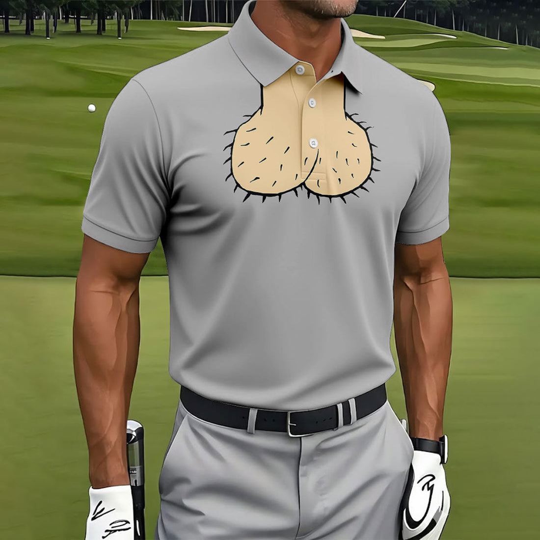 Gray Funny Dickhead Faux Chest Golf Shirt, Mens Golf Polo, Printed Golf Shirts