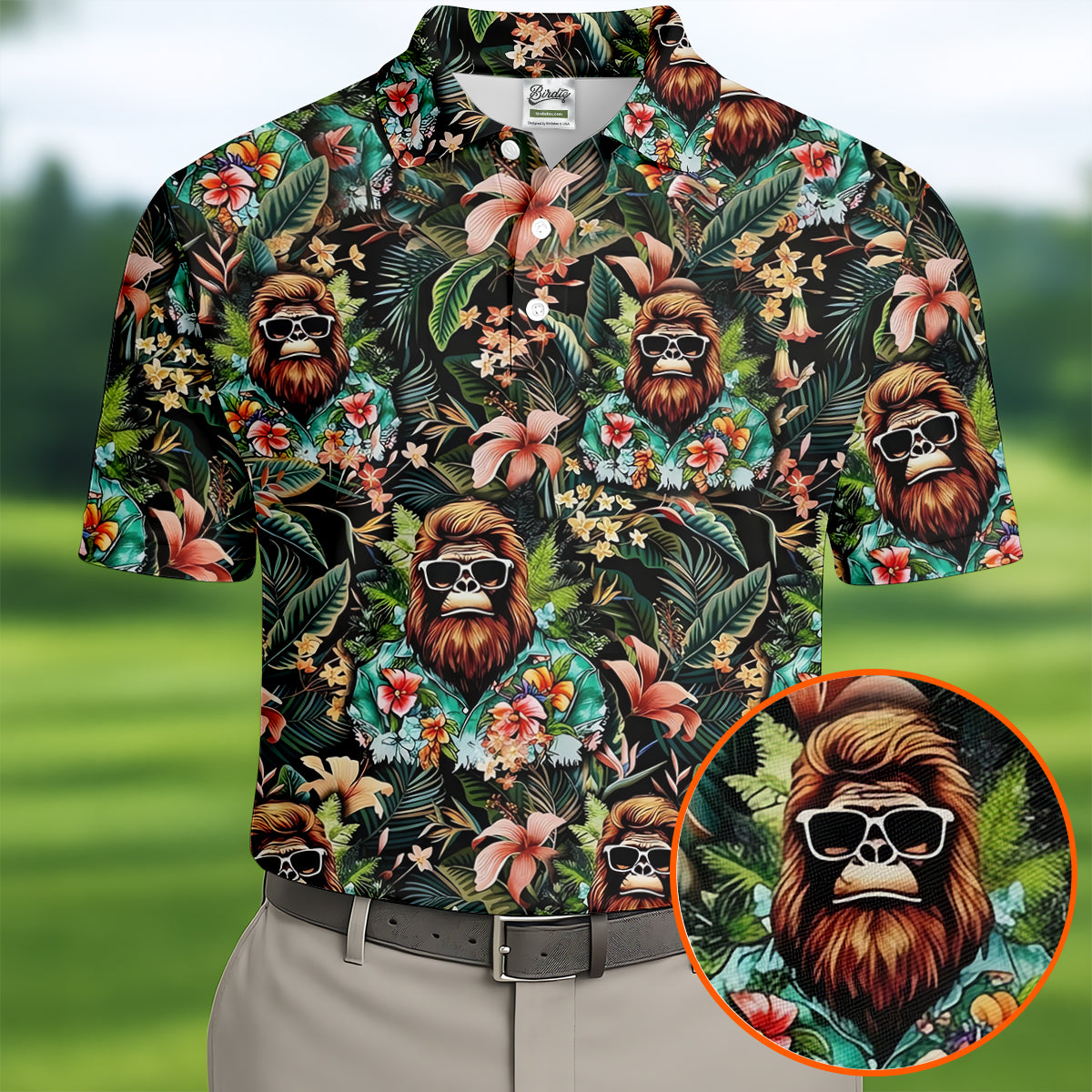 Bigfoot Hawaiian Tropical Golf Shirt, Funny Sasquatch Golf Shirts For Men