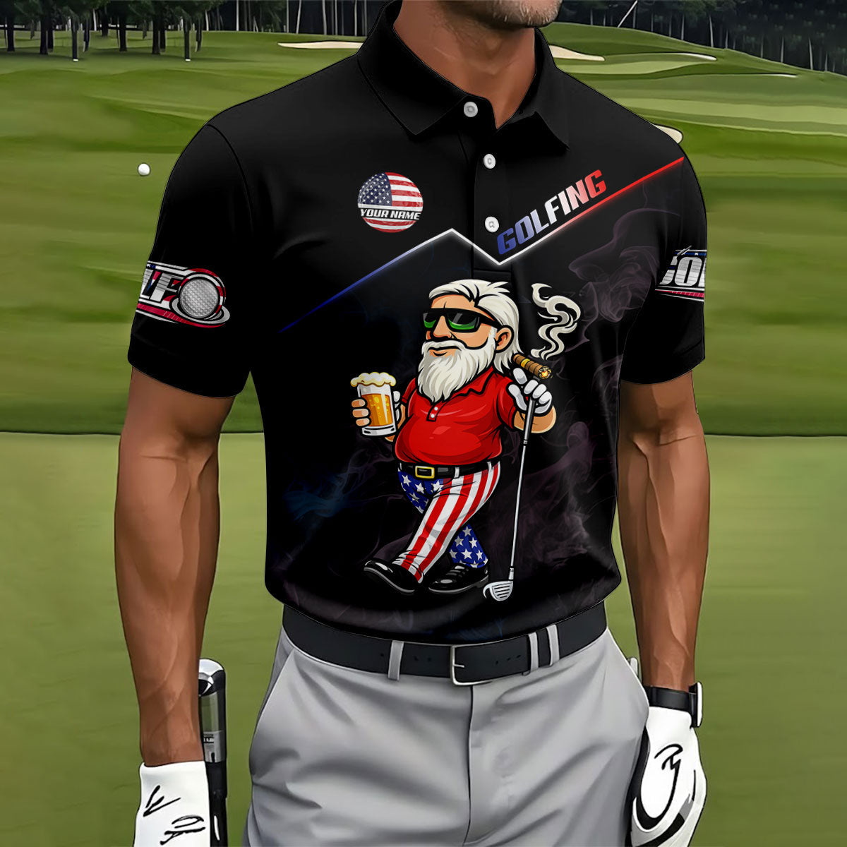 Patriotic Man Golf And Beer Custom Name Funny 4th Of July Golf Shirt, 250th Anniversary Golf Shirts For Men