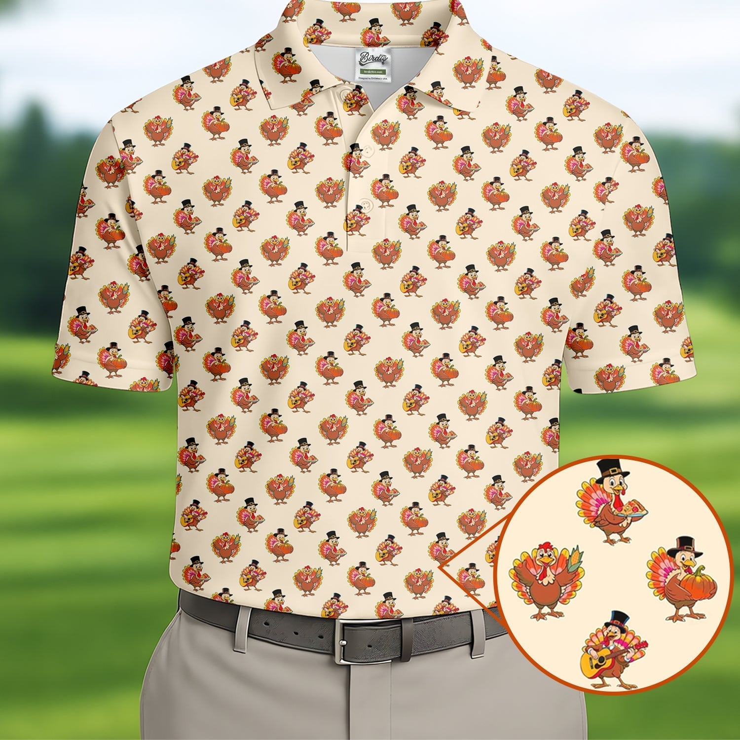 Festive Turkey Thanksgiving Holiday Beige Golf Tops For Men, Polo Shirtor Men, Golf Gift For Men