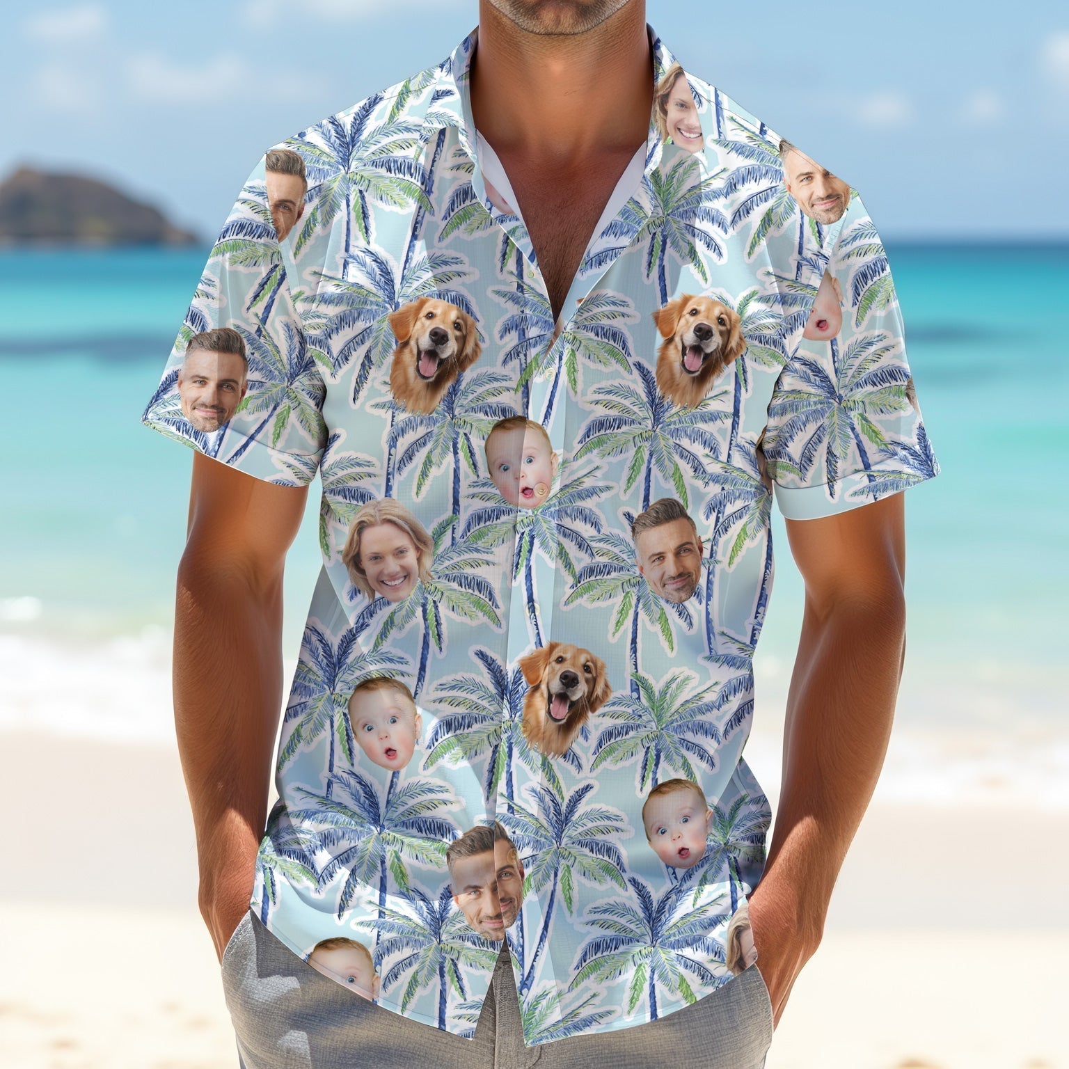 Vintage Aloha Shirts, Men Palm Tree Shirt, Men Golf Polo, Custom Hawaiian Shirt With Face, Tropical Beach