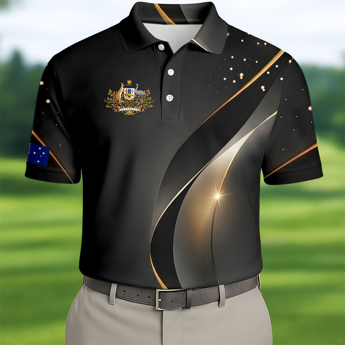 Australian Coat Of Arms Black And Gold Gradient Golf Tops For Men, Polo ShirtFor Men