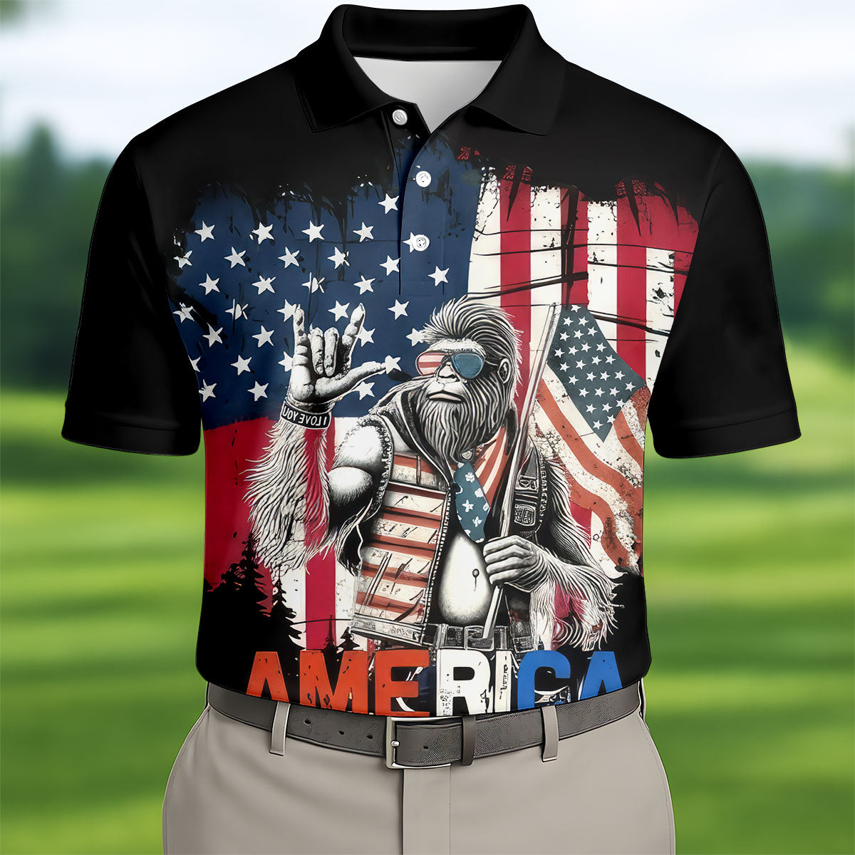 American Flag Bigfoot Patriot Black Hawaiian Golf Shirt, 250th Anniversary Tropical Vibe Men's Golf Shirt