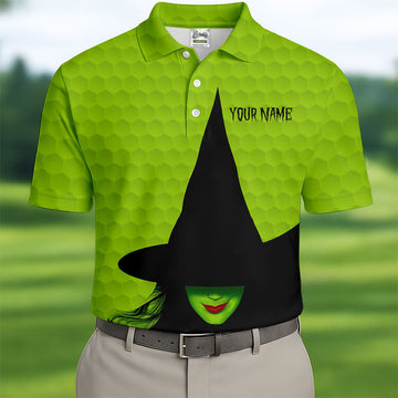 The Green Witch Golf Ball Pattern Golf Tops For Men, Spooky Vibe Men's Funny Golf Shirts, Halloween Golf Shirt