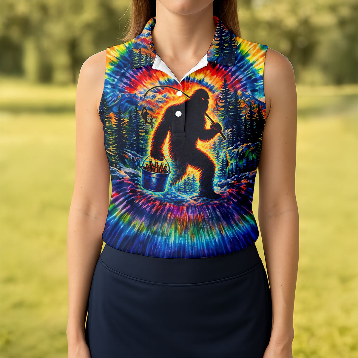 Tie Dye Bigfoot Fishing Forest Golf Shirt, Women’s Golf Apparel, Golf Tops For Women