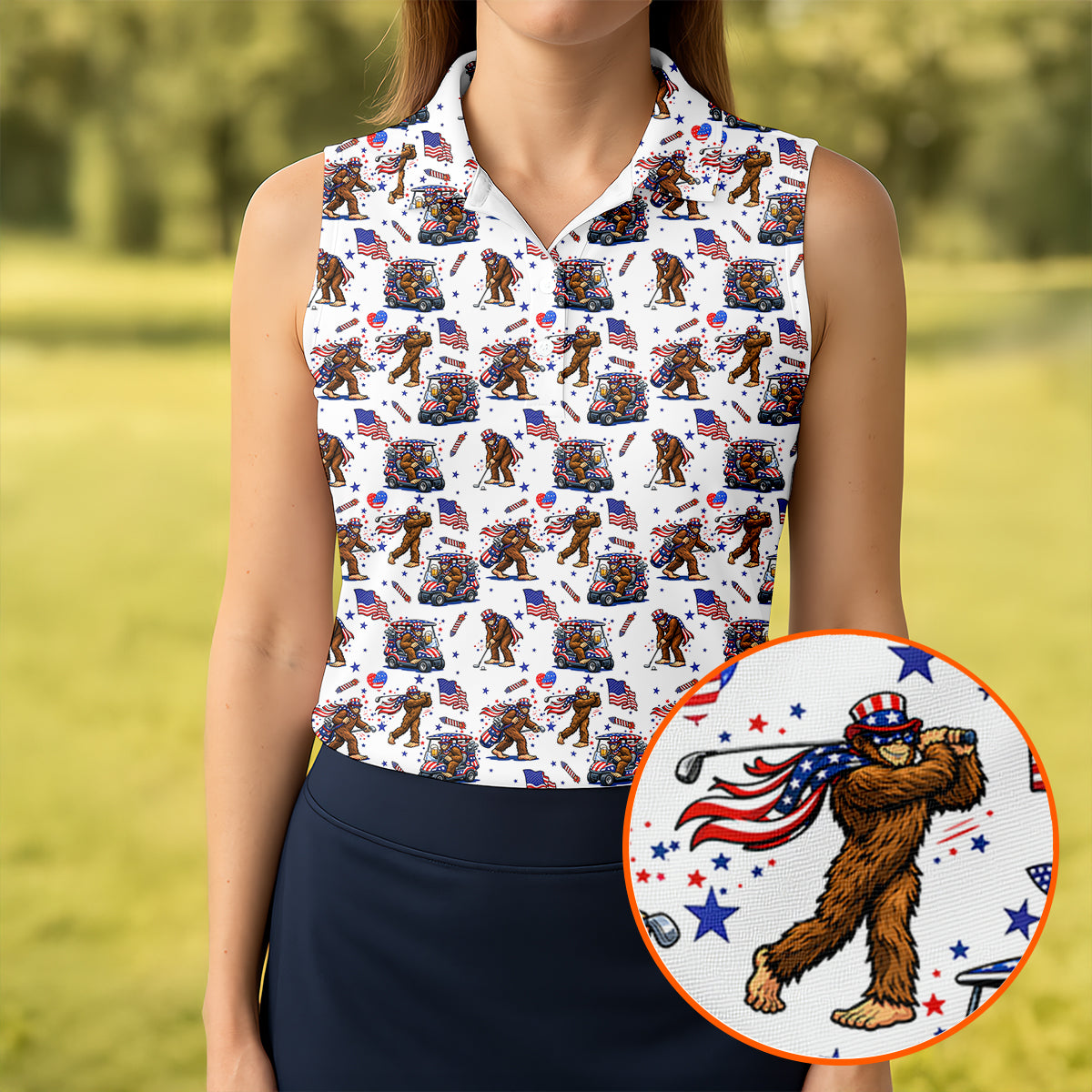 Funny Bigfoot 4th Of July With American Flag Pattern White Women Golf Top, 250th Anniversary Patriotic Golf Shirt