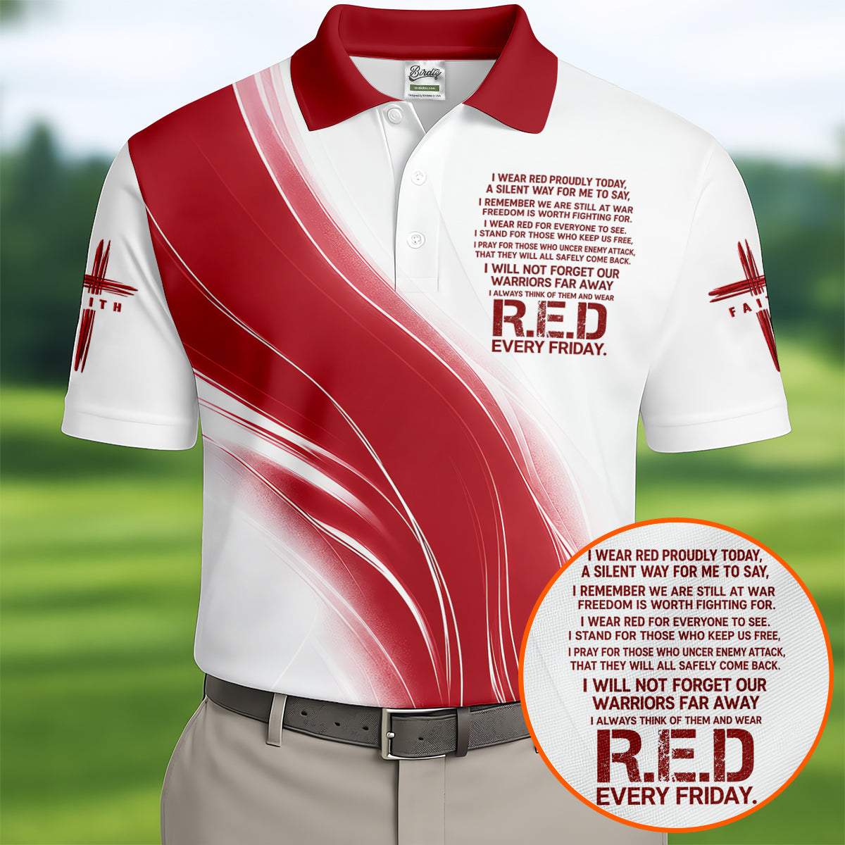 Red Friday Faith Cross Red White Gradient Patriotic Golf Shirt, 250 Years Polo Shirtor Men