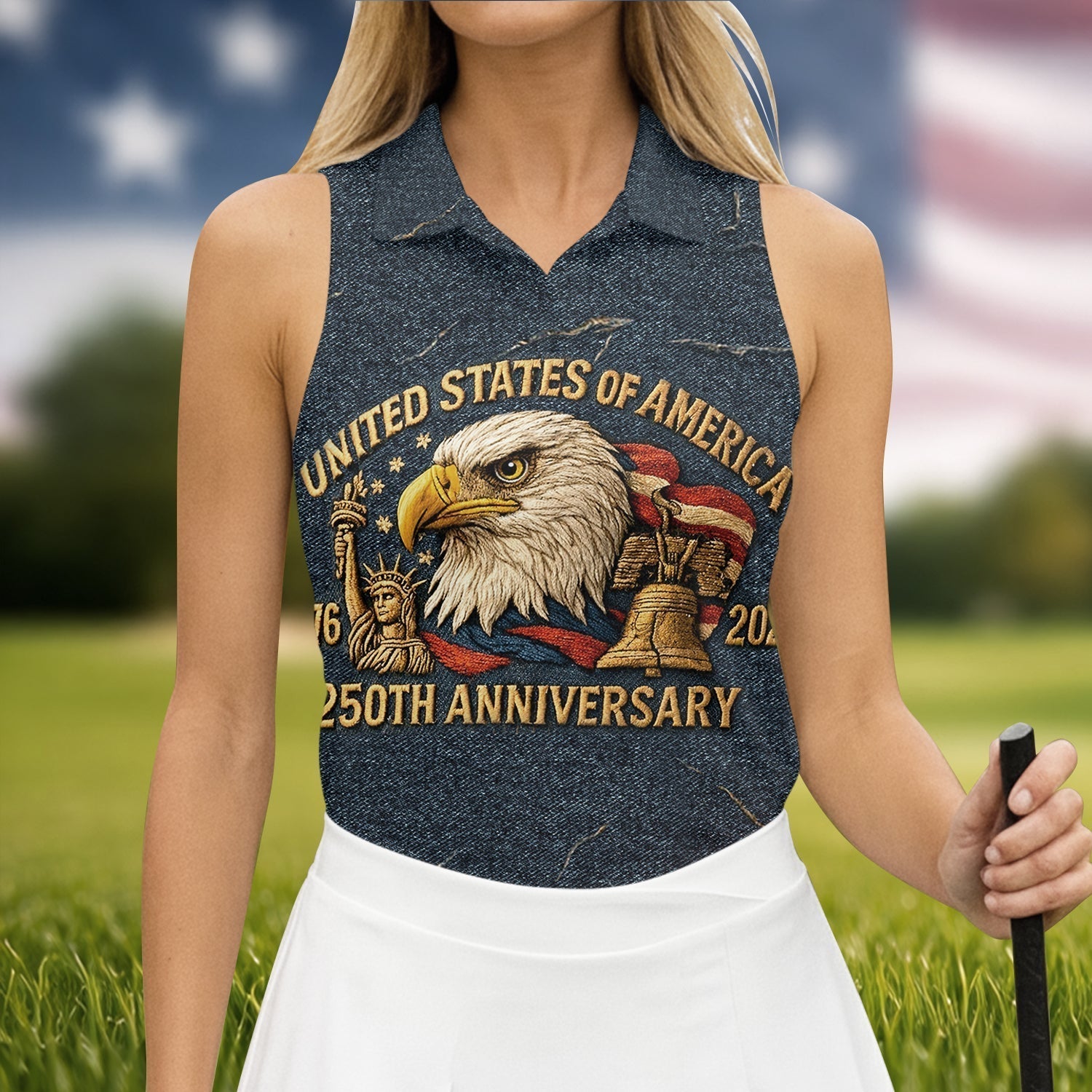 250th Anniversary American Flag And Eagle Denim Color Women's Golf Tops, Patriotic Golf Shirt, Ladies Golf Shirts