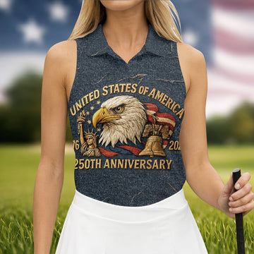 250th Anniversary American Flag And Eagle Denim Color Women's Golf Tops, Patriotic Golf Shirt, Ladies Golf Shirts