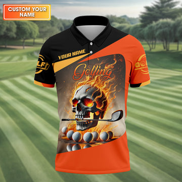 Custom Flame Skull Golf Polo ShirtGolfing Apparel, Mens Golf Gift, Funny Golf Shirt