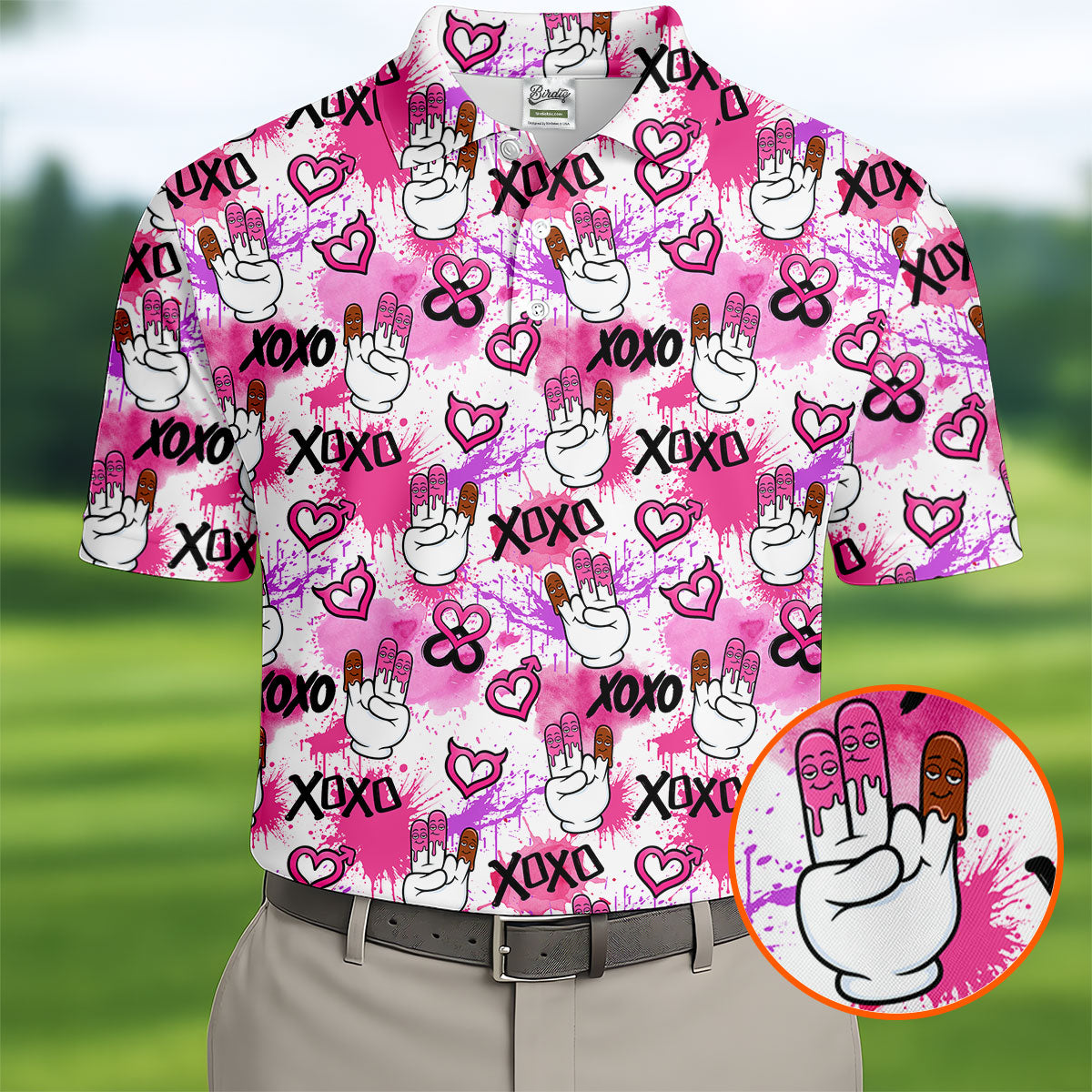 Chocolate Fingers Adult Humor XOXO Pink Splatter Fun Golf Shirts For Men, Valentines Golf Gift, Polo ShirtFor Men