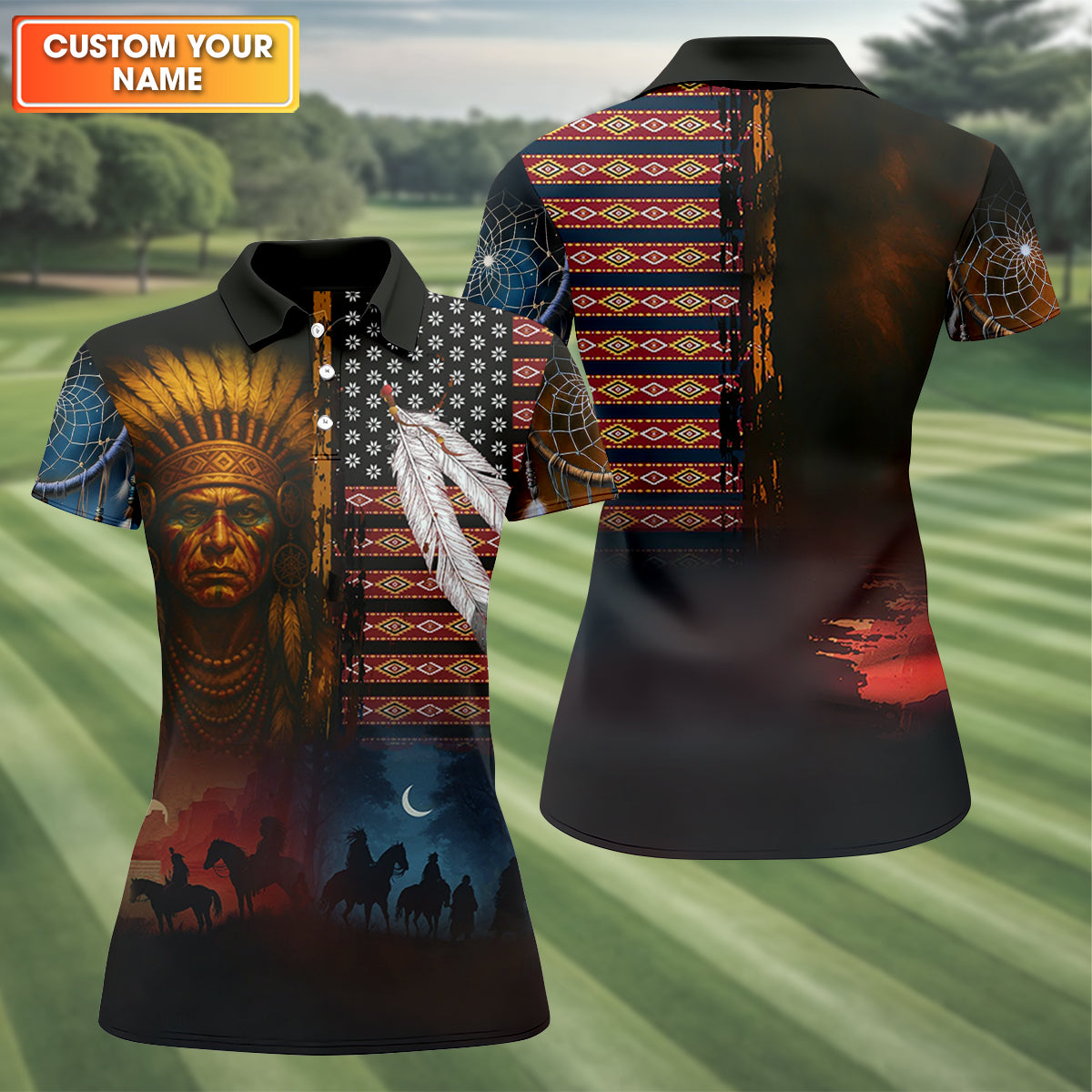 Native Heritage Red & Blue Women's Golf Tops, Native American Ancestry Ladies Golf Polos, Indigenous Peoples Month
