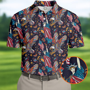Patriotic American Eagle With Flag Statue Of Liberty Pattern 250th Anniversary Golf Shirts For Men