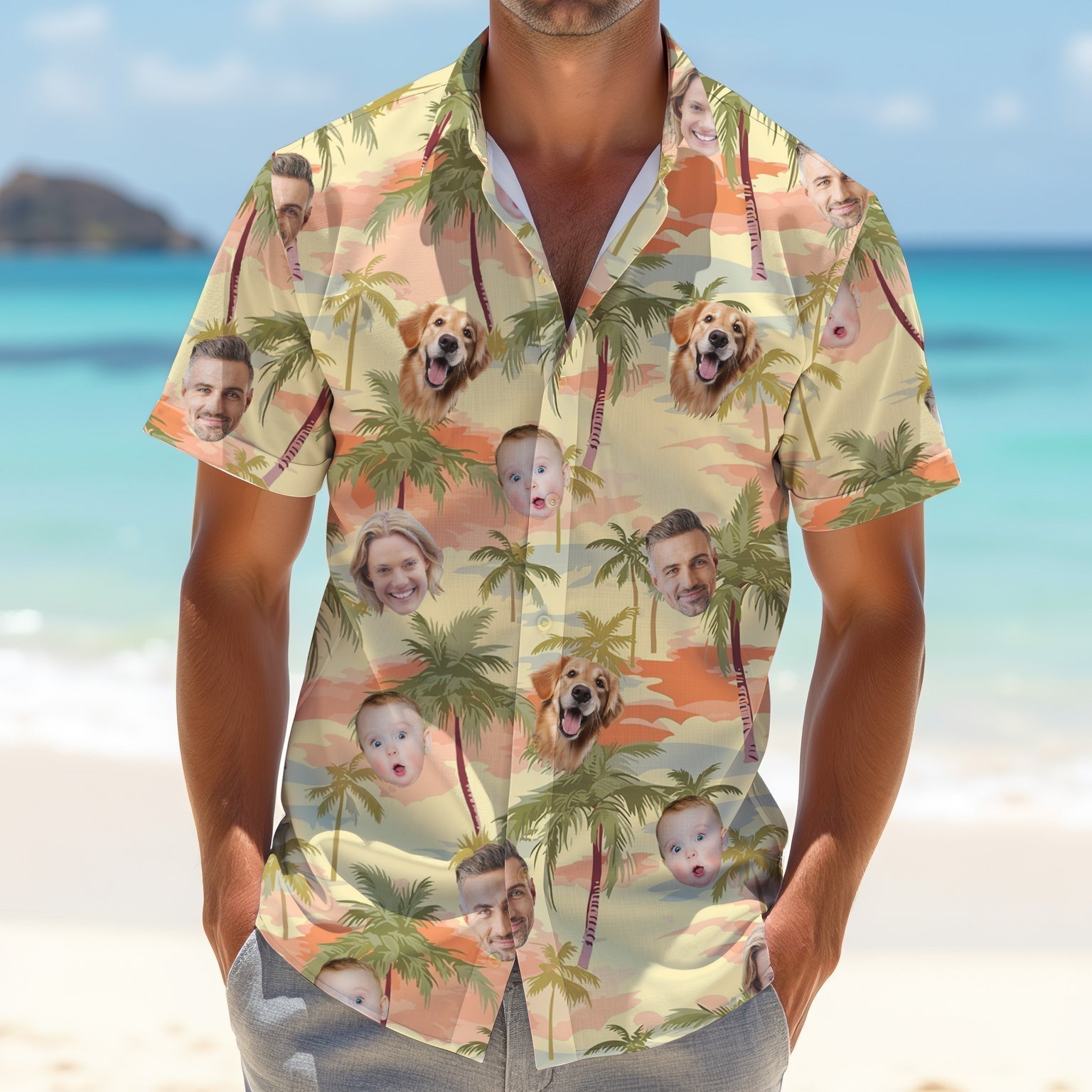 Yellow Sunset Hawaiian Shirt Face, Men Golf Polo, Matching Hawaiian Outfits, Long Sleeve Polo