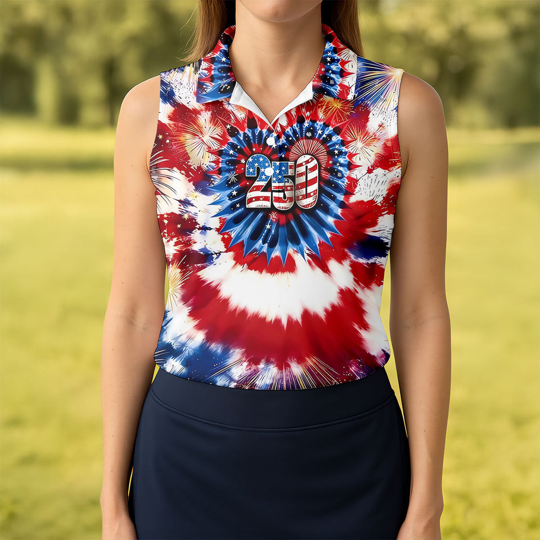 250 Years Red White Blue Tie Dye Print Patriotic Golf Shirt, 4th Of July Golf Shirt For Women