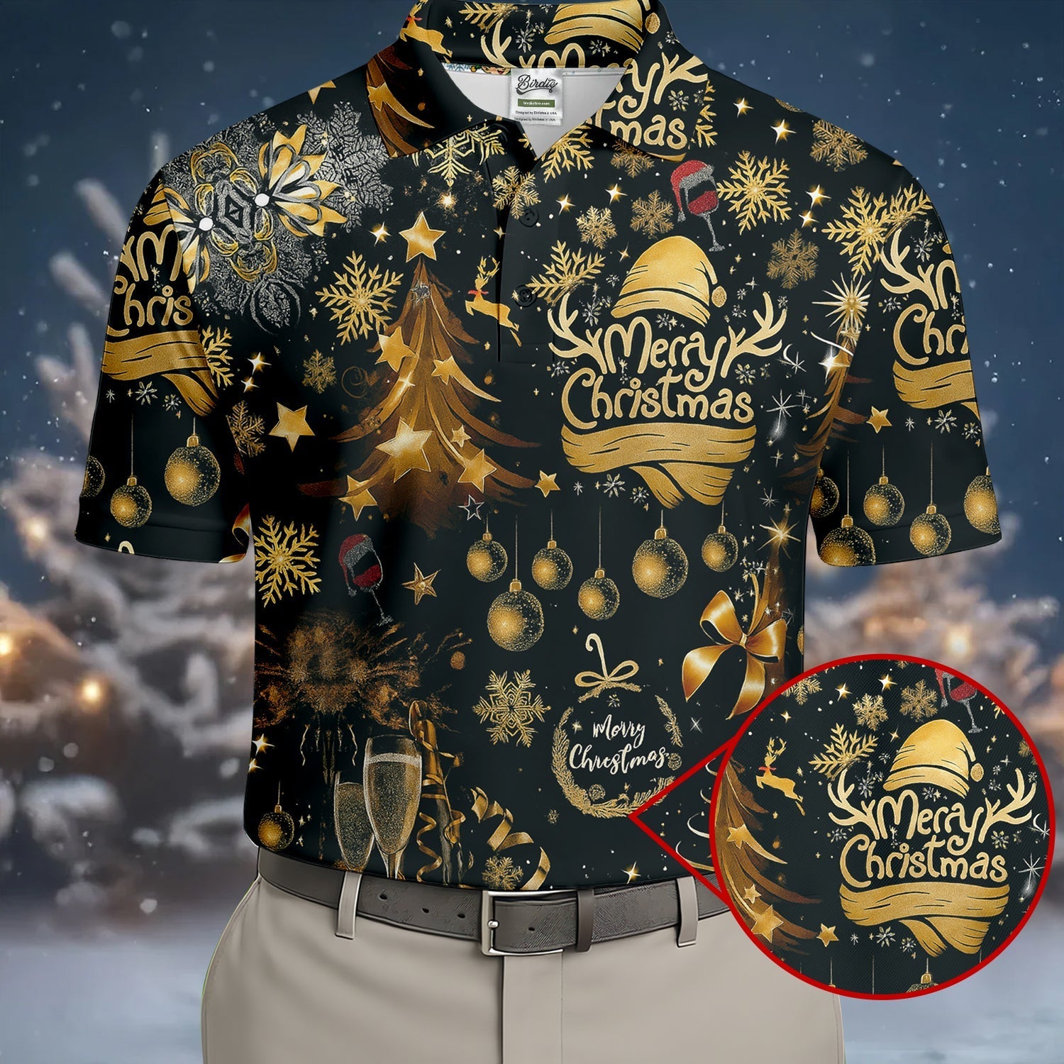 Champagne Golden Merry Christmas Men's Golf Polo Shirtistmas Golf Shirt, Golf Gift For Men